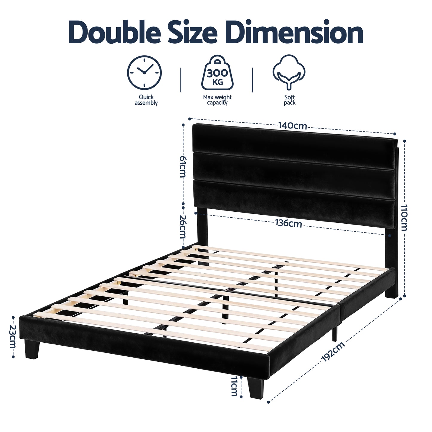 Artiss Double Bed Frame Upholstered Platform Base with Geometric Headboard Black Velvet