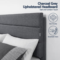 Artiss Double Bed Frame Upholstered Platform Base with Geometric Headboard Charcoal Grey Linen Wood Slats for Modern Bedroom Furniture Home Decor