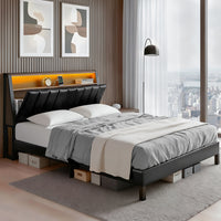 Artiss Double Bed Frame LED Storage Headboard with Charging Station Black