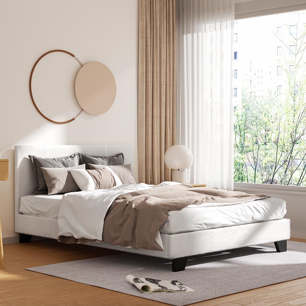 Artiss Neo Boucle Bed Frame — Double with Slat Support, Teddy Beige