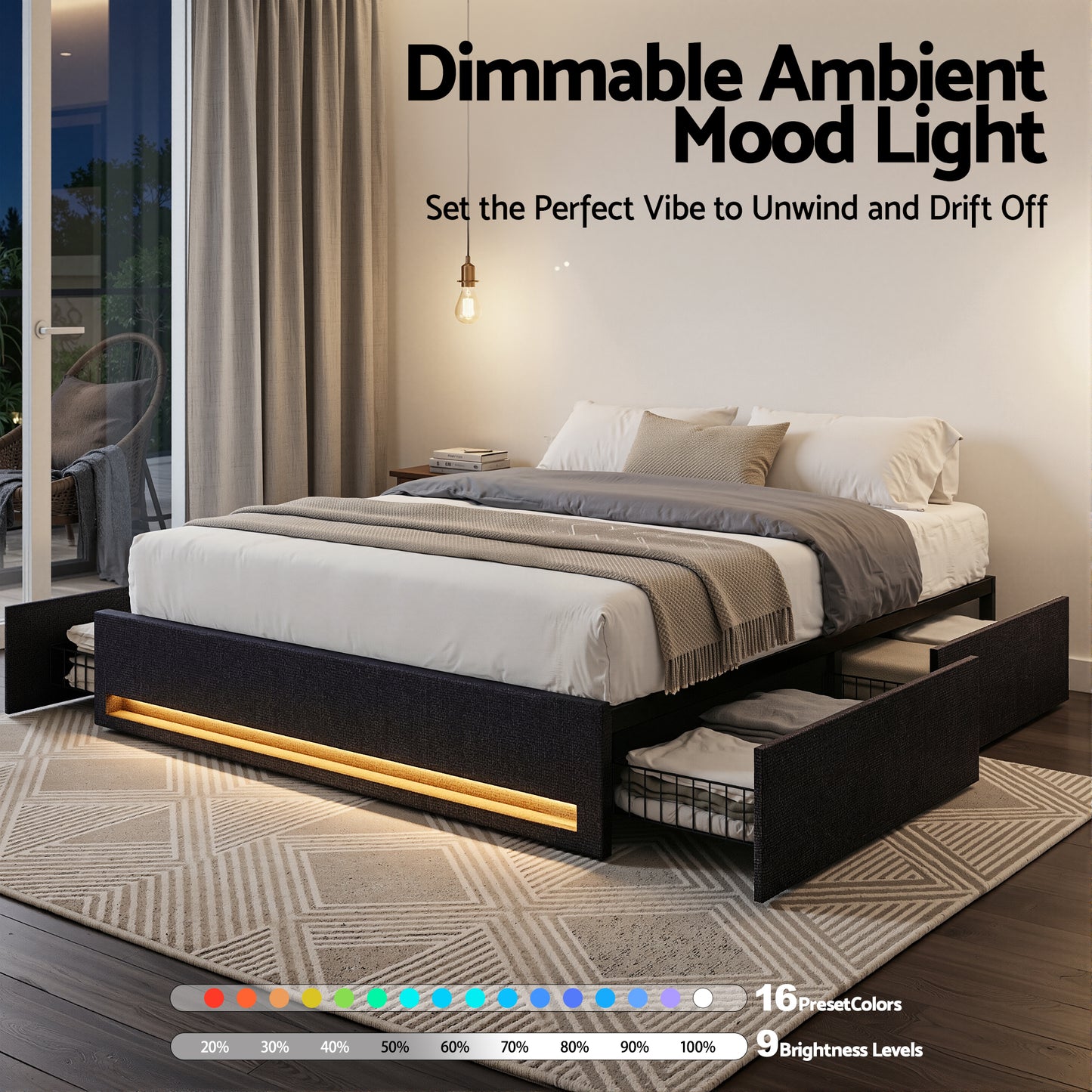 Artiss Double Bed Frame with Storage Drawers RGB Lights Charging Station Upholstered Fabric