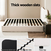 Artiss Double Bed Frame and Bedside Table Set Boucle Beige with Headboard Black Nightstand