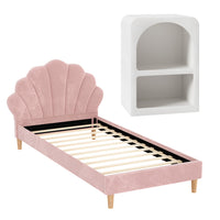 Artiss Bed Frame King Single with Bedside Table Set Scallop Headboard Pink Velvet Fabric Beds Base