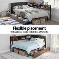 Artiss Bed Frame King Single Size with 2 Drawers and Charging Station Metal Corner Bed Base
