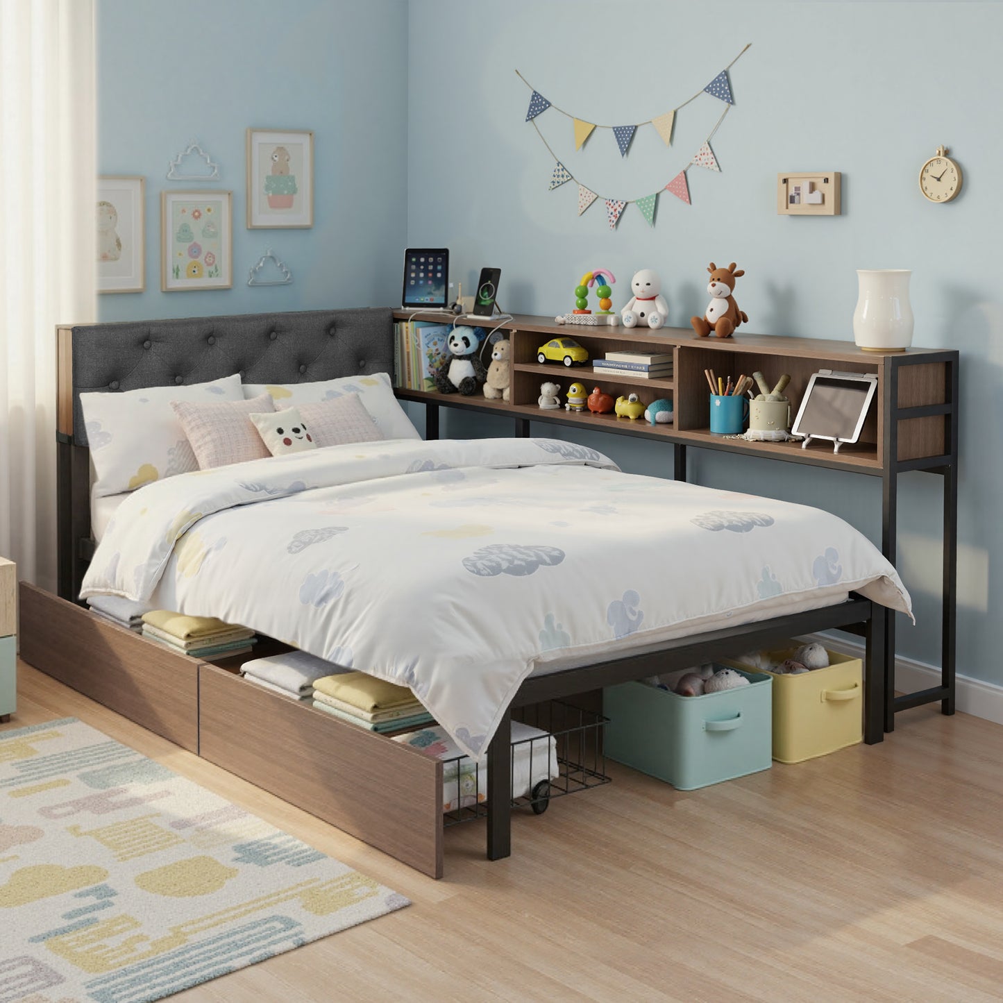 L-Shape Metal Bed Frame with Storage & Charging Station — Single