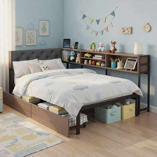 L-Shape Metal Bed Frame with Storage & Charging Station — Single