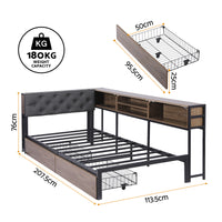 L-Shape Metal Bed Frame with Storage & Charging Station — Single