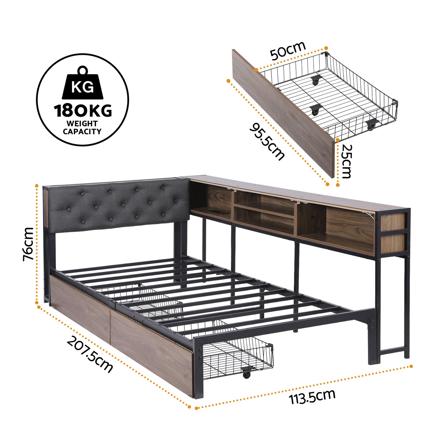 L-Shape Metal Bed Frame with Storage & Charging Station — Single