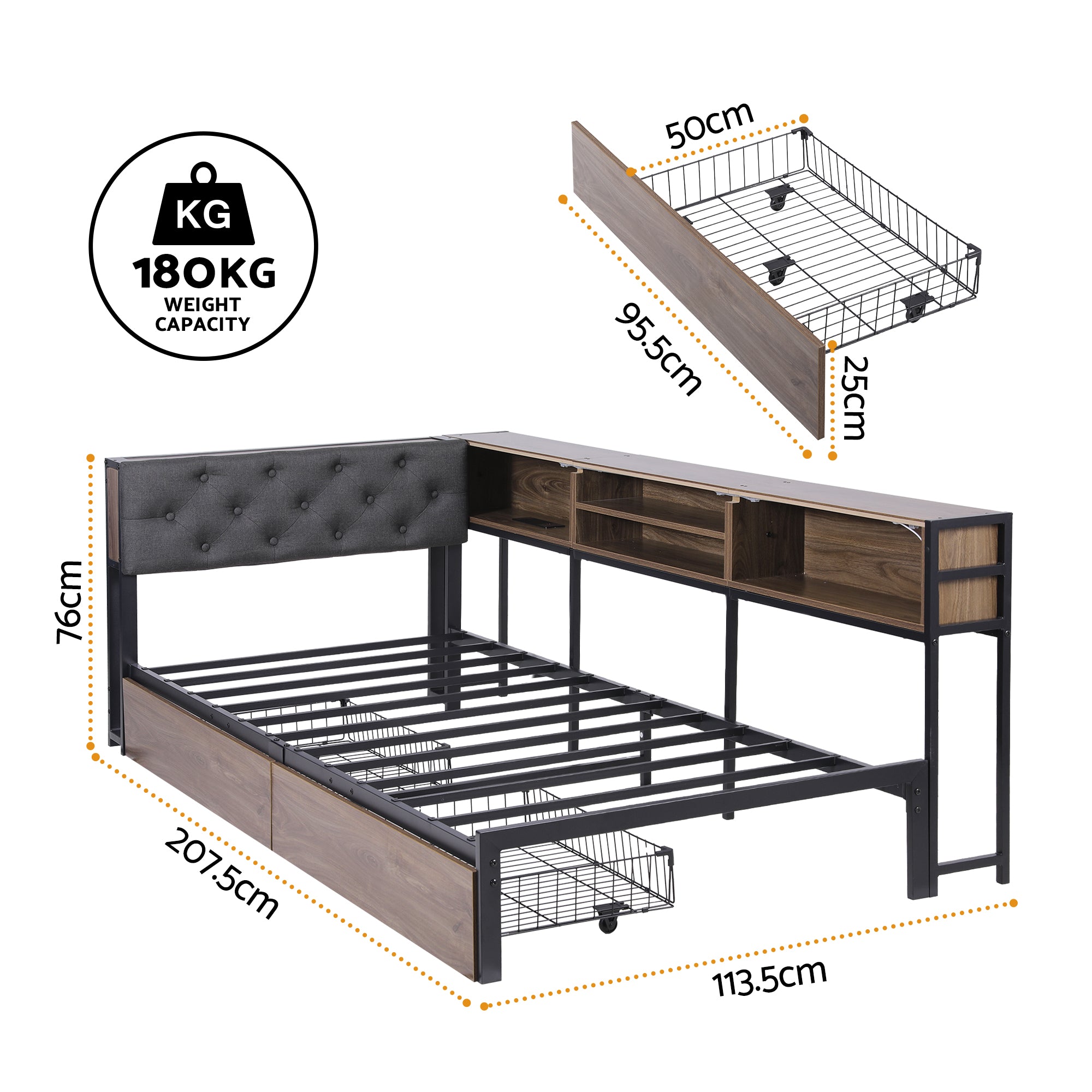 L-Shape Metal Bed Frame with Storage & Charging Station — Single