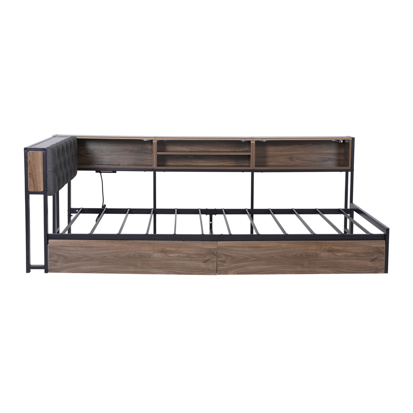 L-Shape Metal Bed Frame with Storage & Charging Station — Single