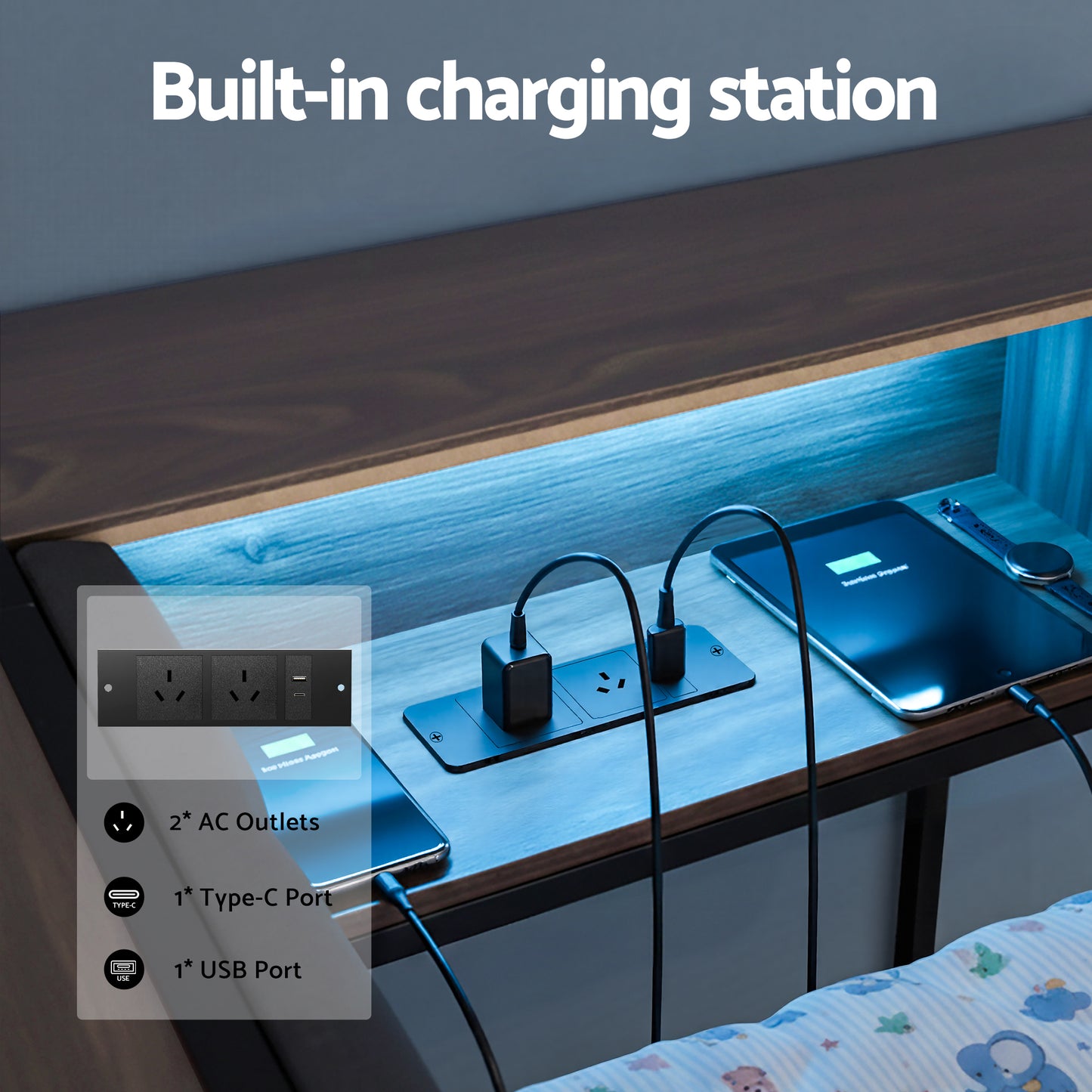 L-Shape Metal Bed Frame with Storage & Charging Station — Single