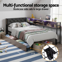 L-Shape Metal Bed Frame with Storage & Charging Station — Single