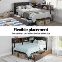 L-Shape Metal Bed Frame with Storage & Charging Station — Single