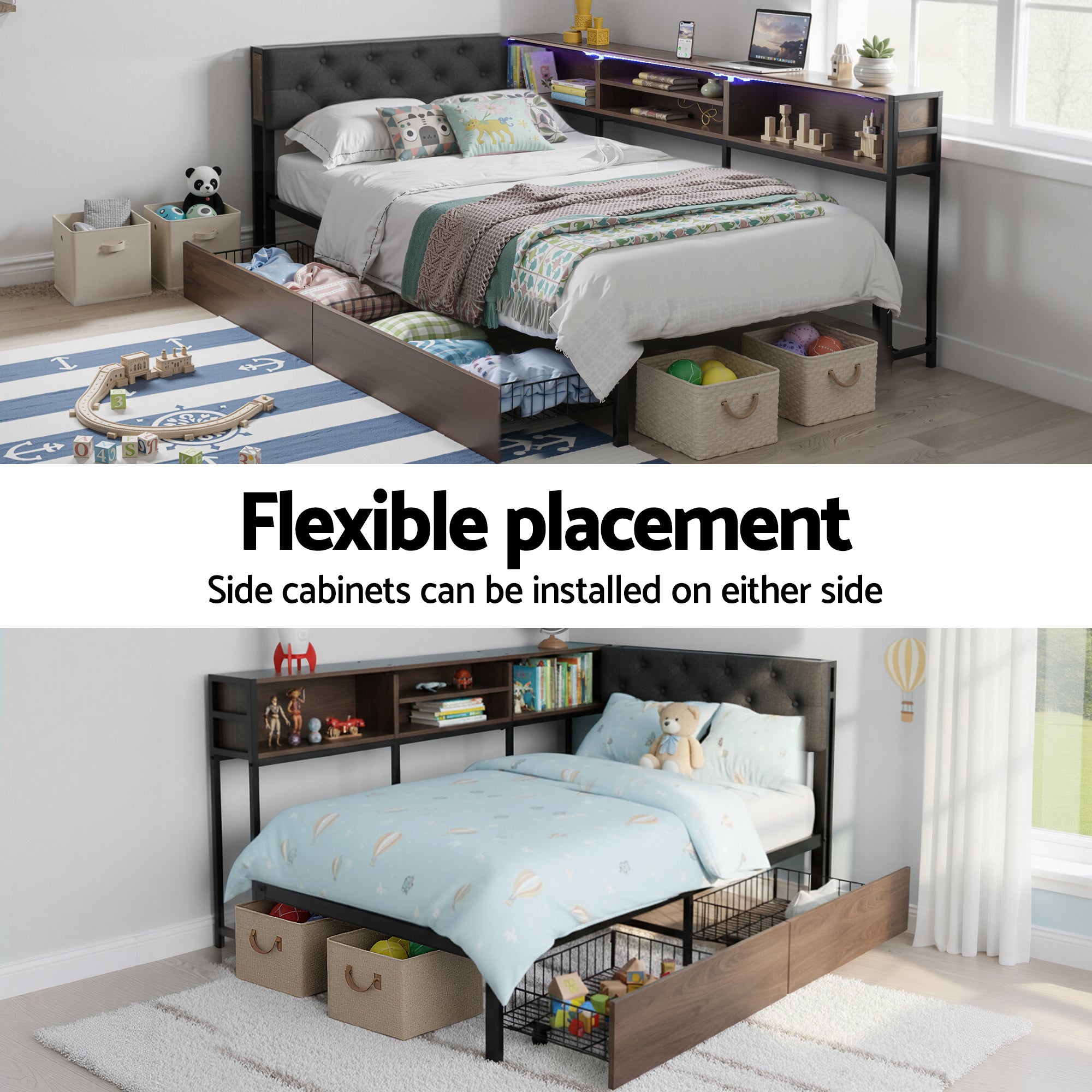 L-Shape Metal Bed Frame with Storage & Charging Station — Single