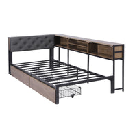 L-Shape Metal Bed Frame with Storage & Charging Station — Single