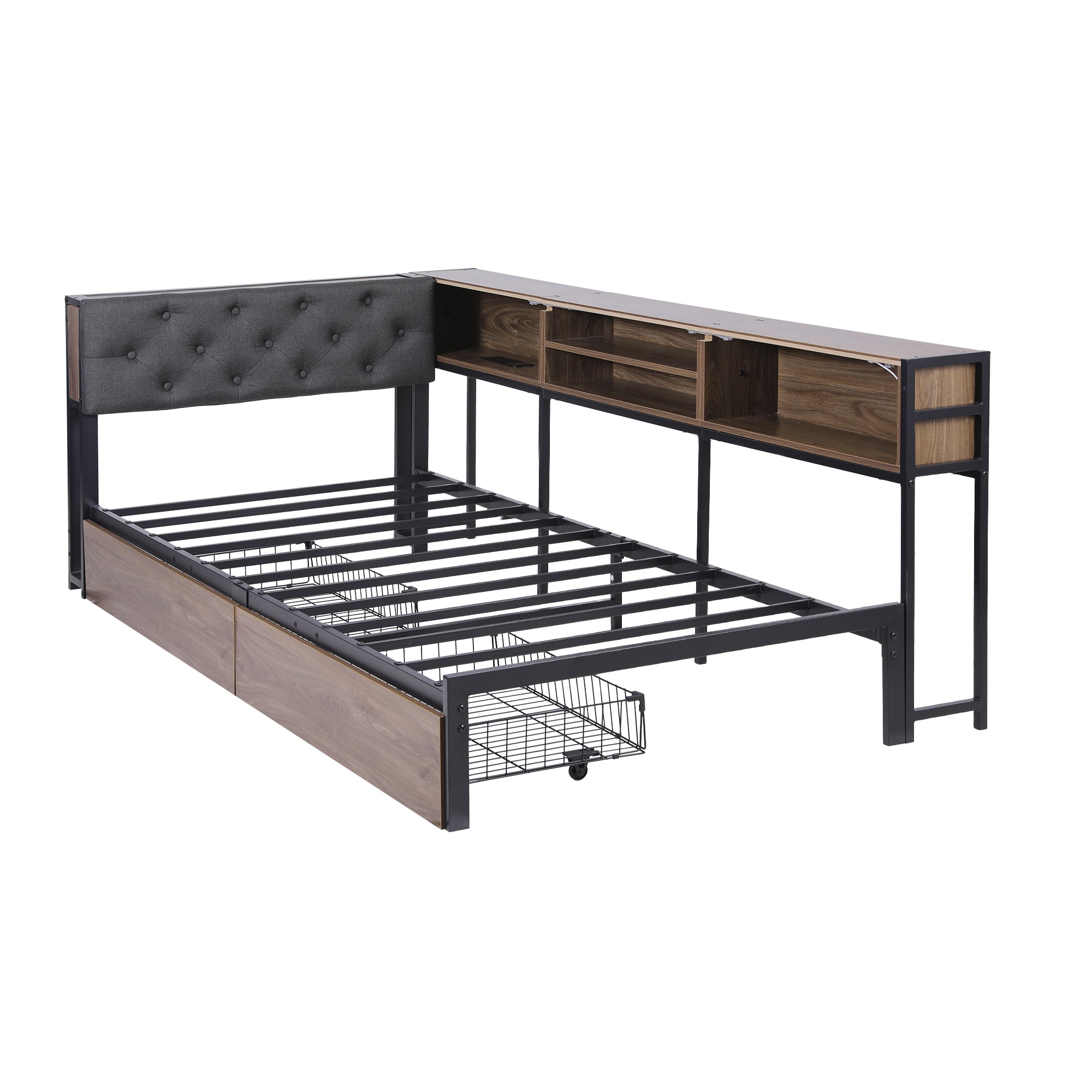 L-Shape Metal Bed Frame with Storage & Charging Station — Single