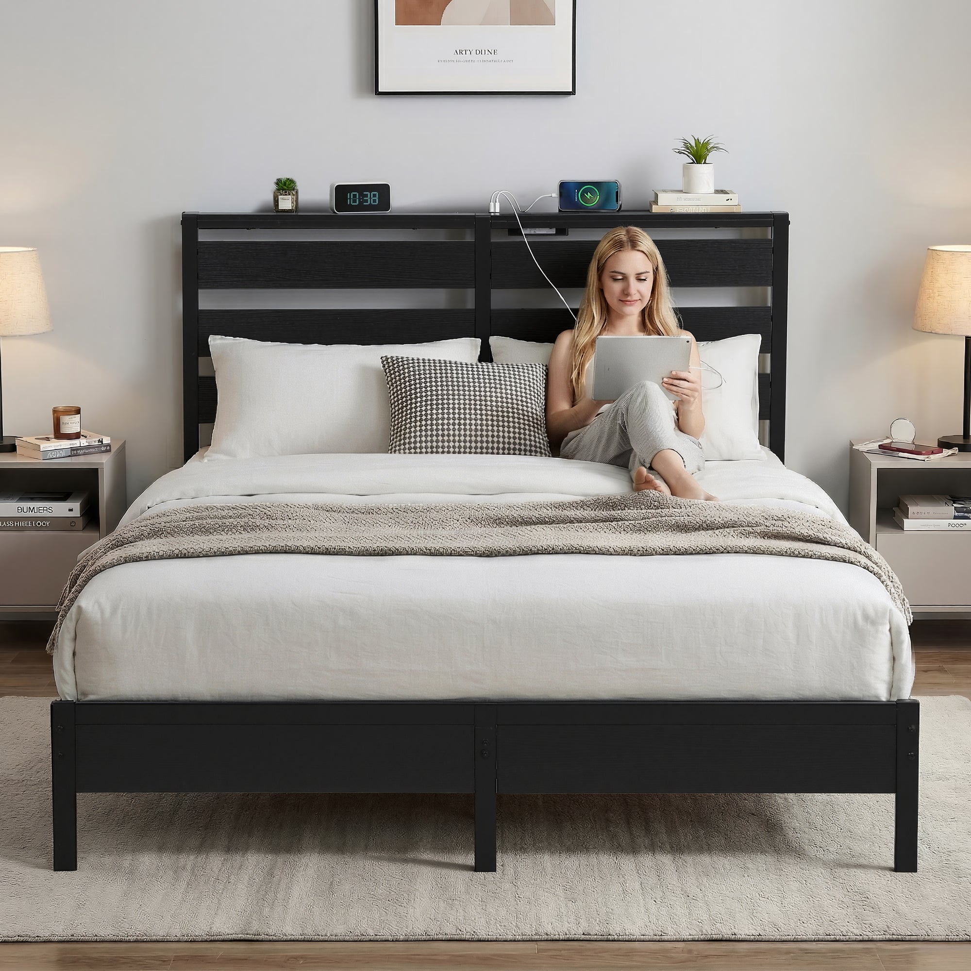 Por LED Metal Bed Frame with Charging Station — Double