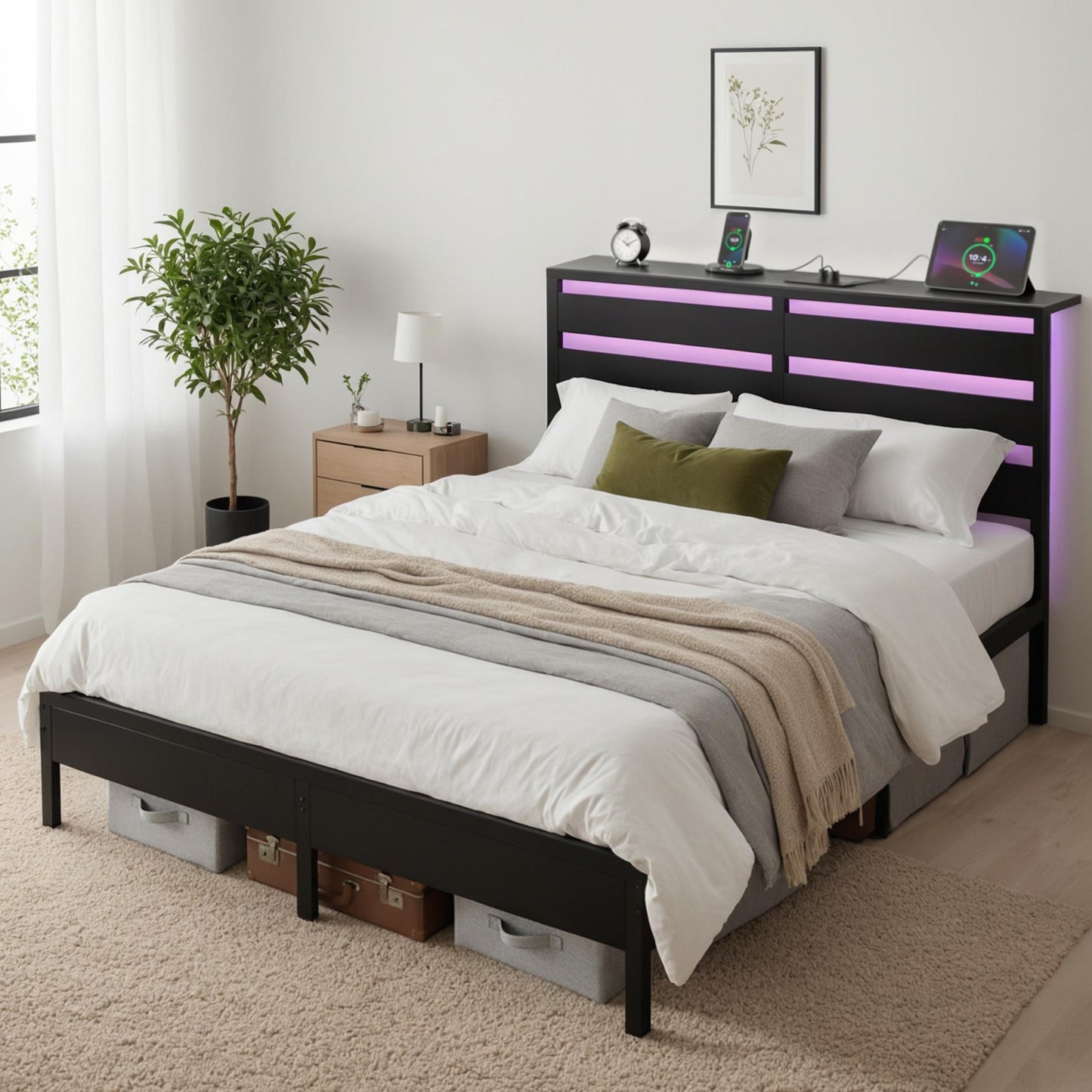 Por LED Metal Bed Frame with Charging Station — Double