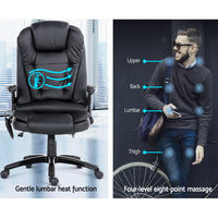 Artiss 8-Point Massage Office Chair — Heated Seat Recliner PU Leather Black