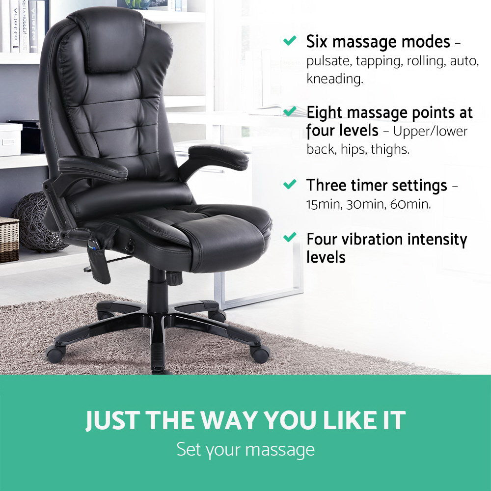 Artiss 8-Point Massage Office Chair — Heated Seat Recliner PU Leather Black