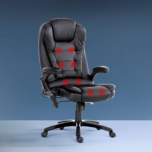 Artiss 8-Point Massage Office Chair — Heated Seat Recliner PU Leather Black