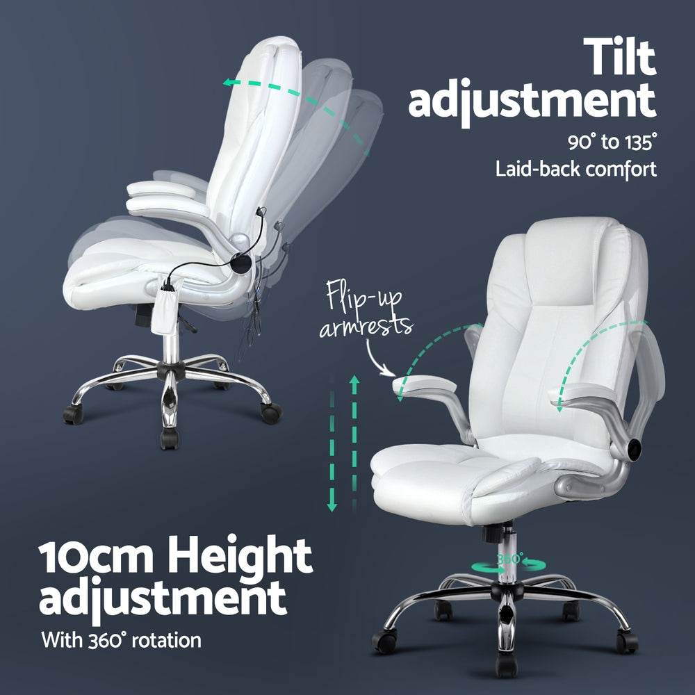 Artiss 8-Point Massage Office Chair — PU Leather White