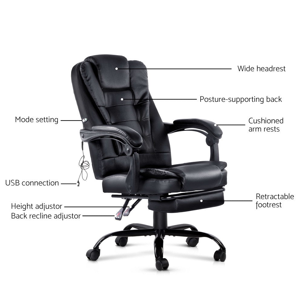 Artiss 2-Point Massage Office Chair with Footrest — PU Leather Black