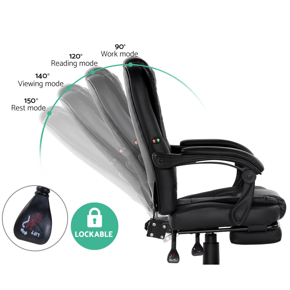 Artiss 2-Point Massage Office Chair with Footrest — PU Leather Black