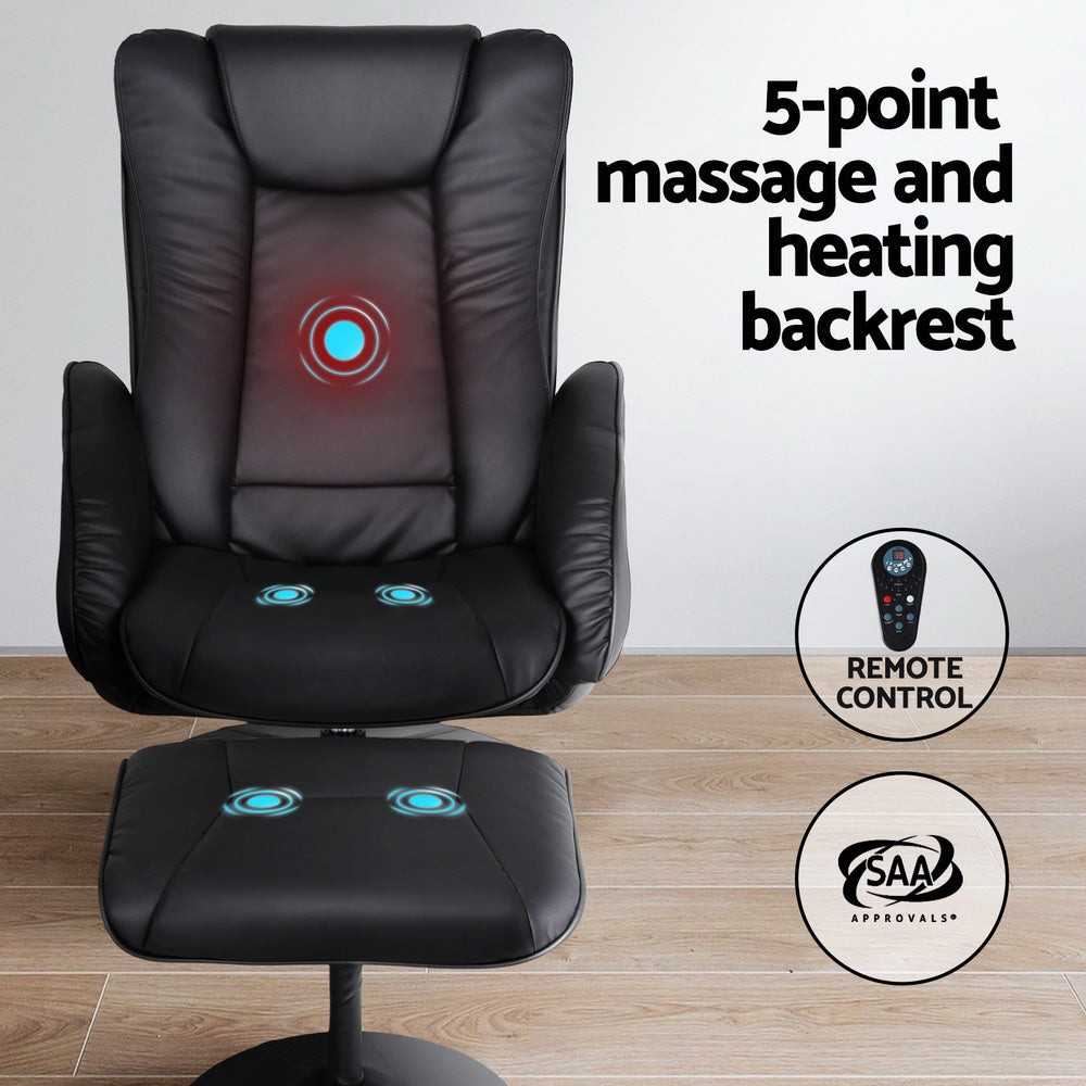 Artiss Heated Massage Recliner Chair with Ottoman — Set of 2, Black PU Leather