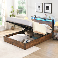 Gas Lift Bed Frame with Storage, Double Size Wooden Slats Platform Bed Frame with LED Lights and Charging Station, No Box Spring Needed, Noise Free, Rustic Brown