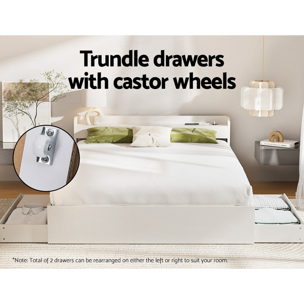 Aura LED Bed Frame with Charging Ports & Storage — Double, White