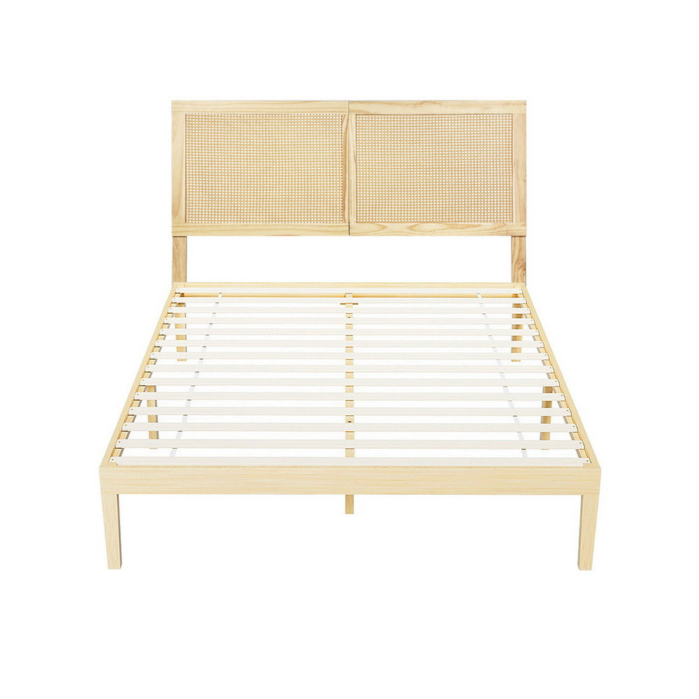 Artiss Bruno Rattan Headboard Bed Frame — Double Solid Pine Base
