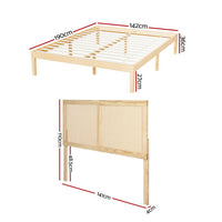 Artiss Bruno Rattan Headboard Bed Frame — Double Solid Pine Base