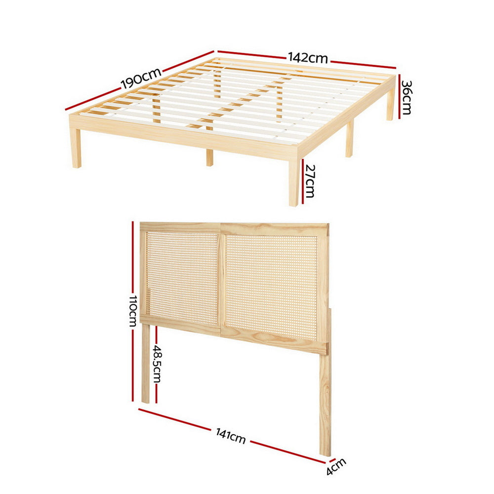 Artiss Bruno Rattan Headboard Bed Frame — Double Solid Pine Base