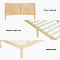Artiss Bruno Rattan Headboard Bed Frame — Double Solid Pine Base