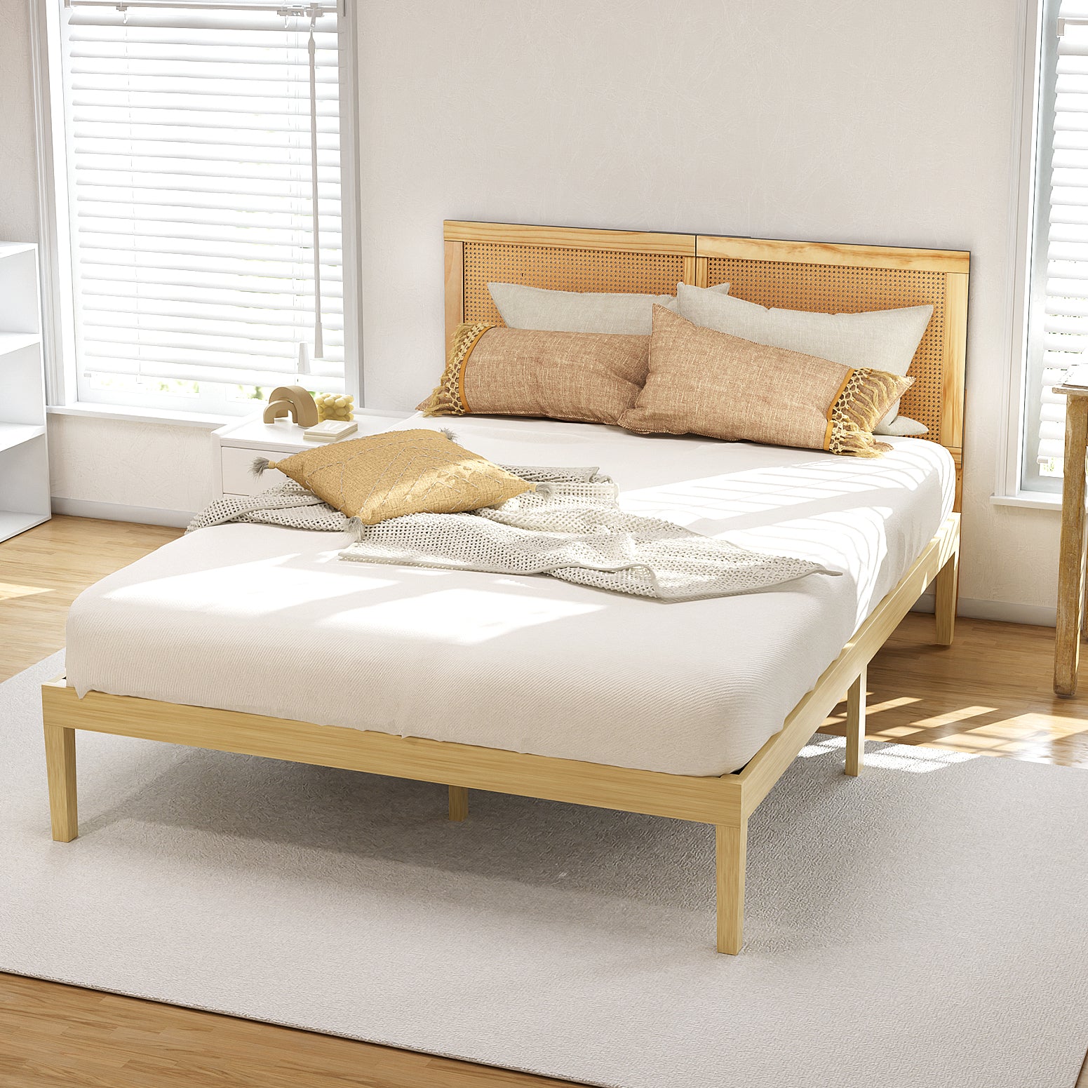 Artiss Bruno Rattan Headboard Bed Frame — Double Solid Pine Base