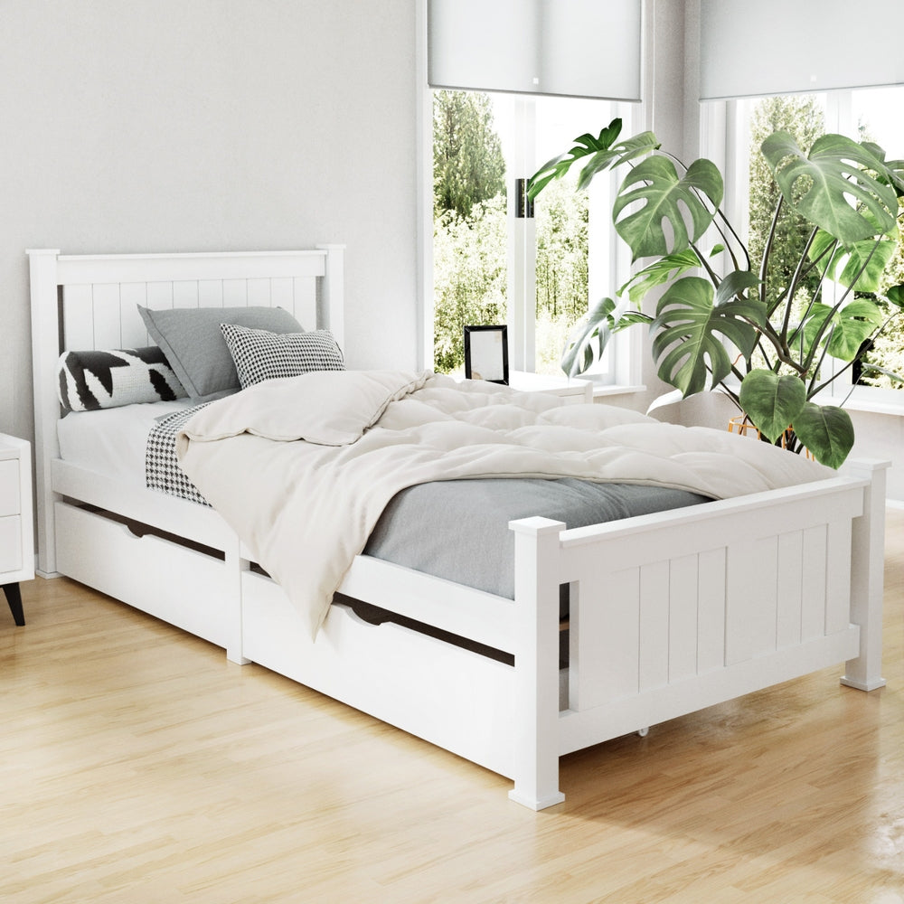 Rio Timber Bed Frame with Storage Drawers — Single, White