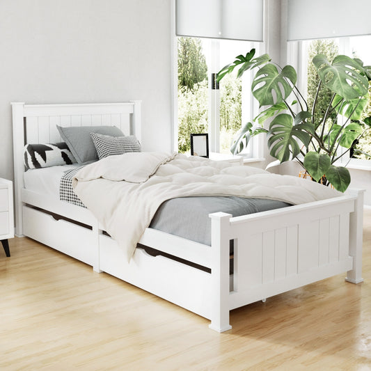 Rio Timber Bed Frame with Storage Drawers — Single, White
