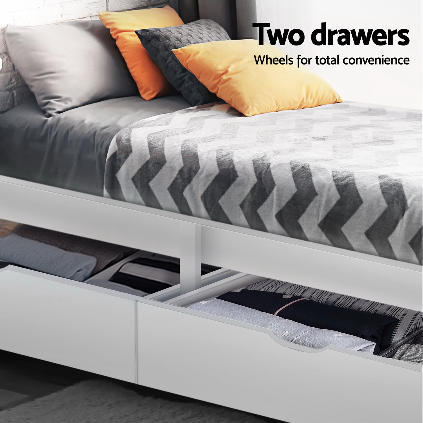 Rio Timber Bed Frame with Storage Drawers — Single, White