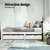 Rio Timber Bed Frame with Storage Drawers — Single, White