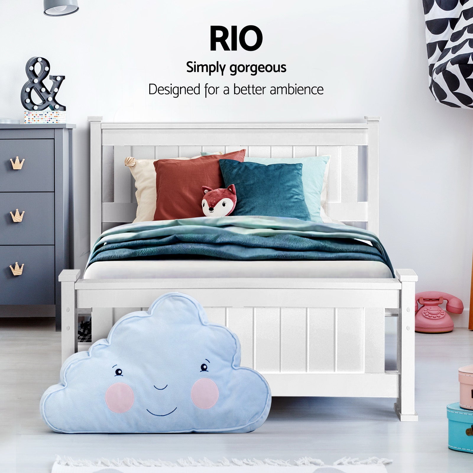 Rio Timber Bed Frame with Storage Drawers — Single, White