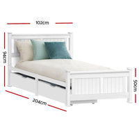 Rio Timber Bed Frame with Storage Drawers — Single, White