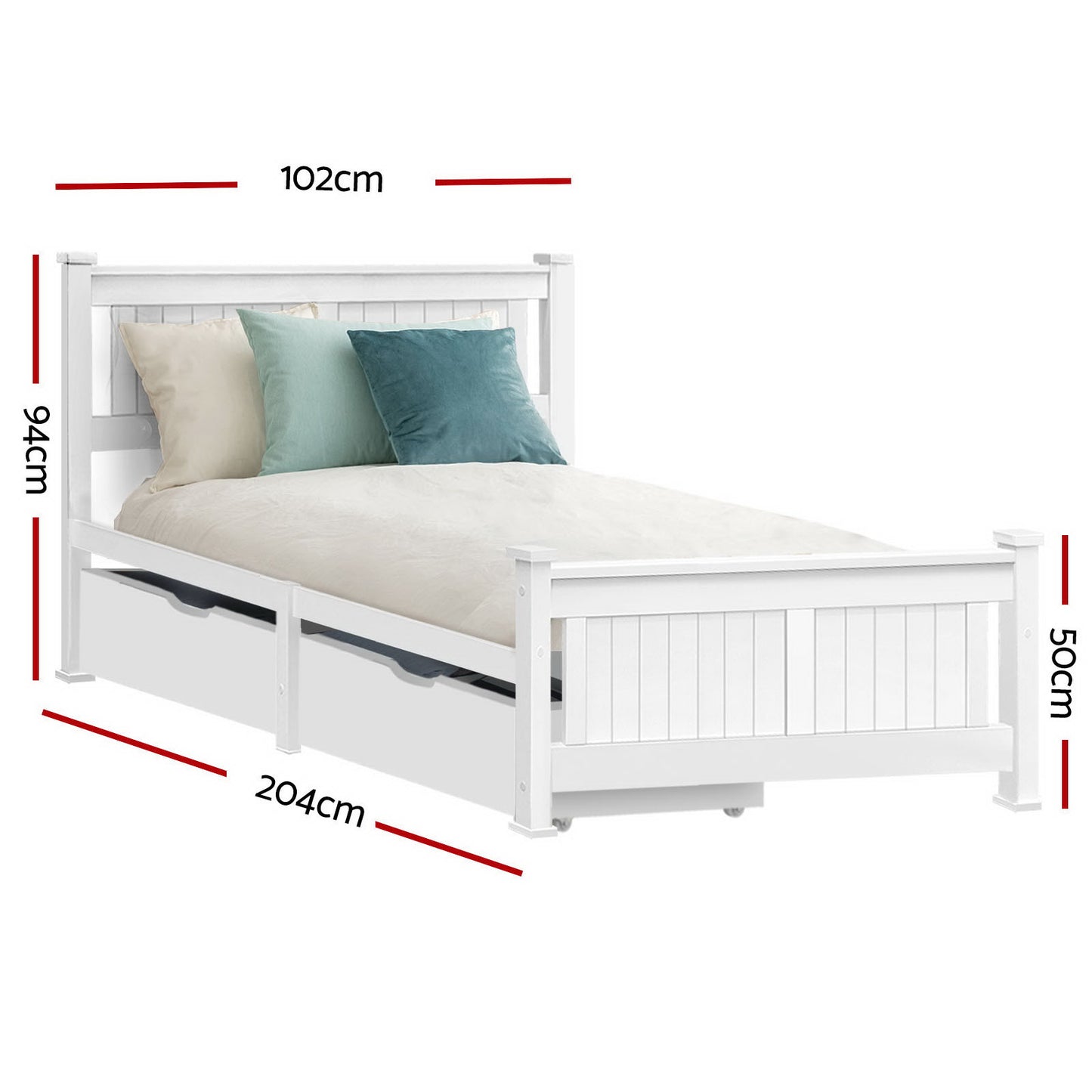 Rio Timber Bed Frame with Storage Drawers — Single, White