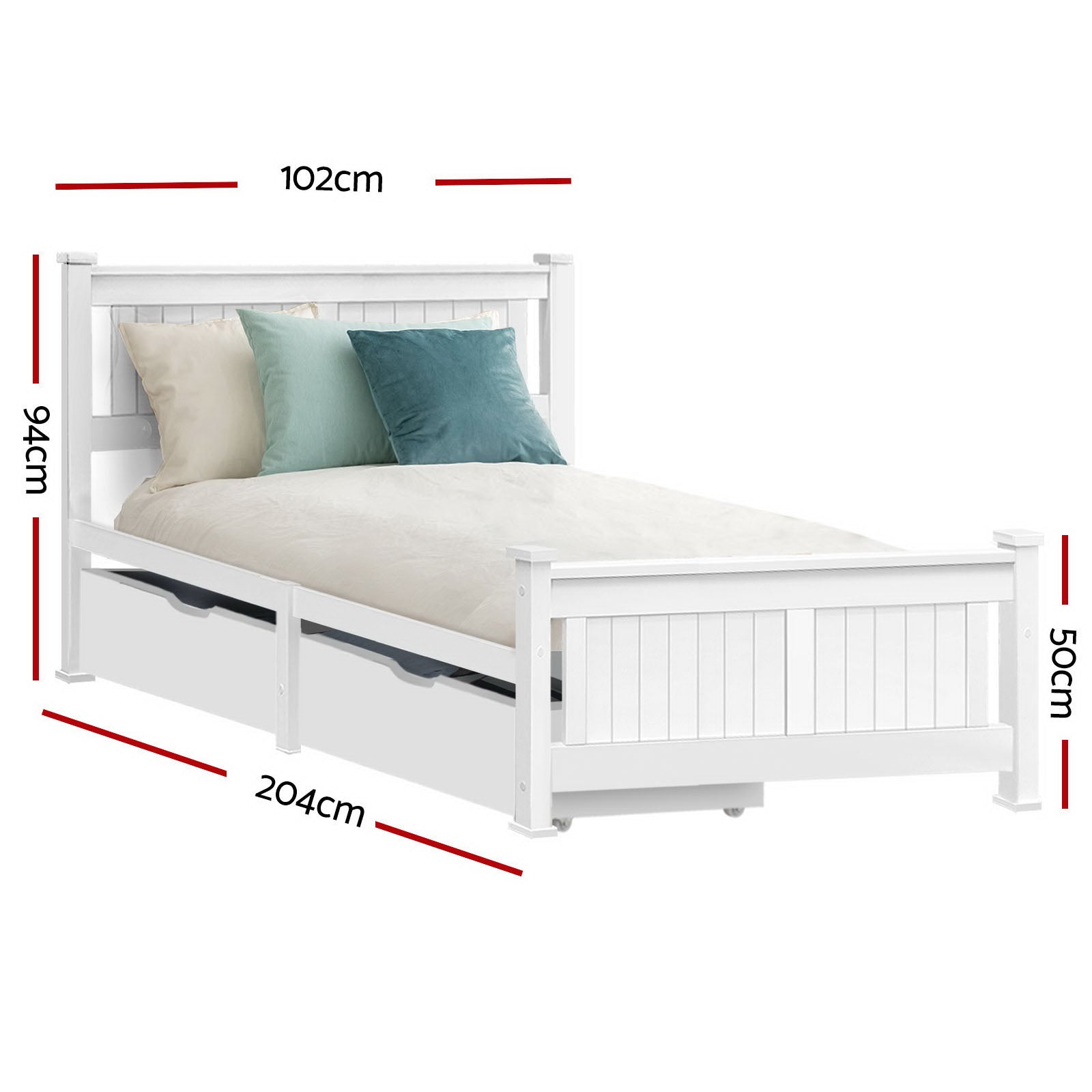 Rio Timber Bed Frame with Storage Drawers — Single, White