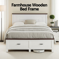 Artiss Double Wooden Bed Frame with 2 Drawer Platform Bed with 108cm Solid High Headboard White Bed Base for Bedroom Easy Assembly