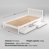Sofie Timber Bed Frame with Storage Drawers — Single, White
